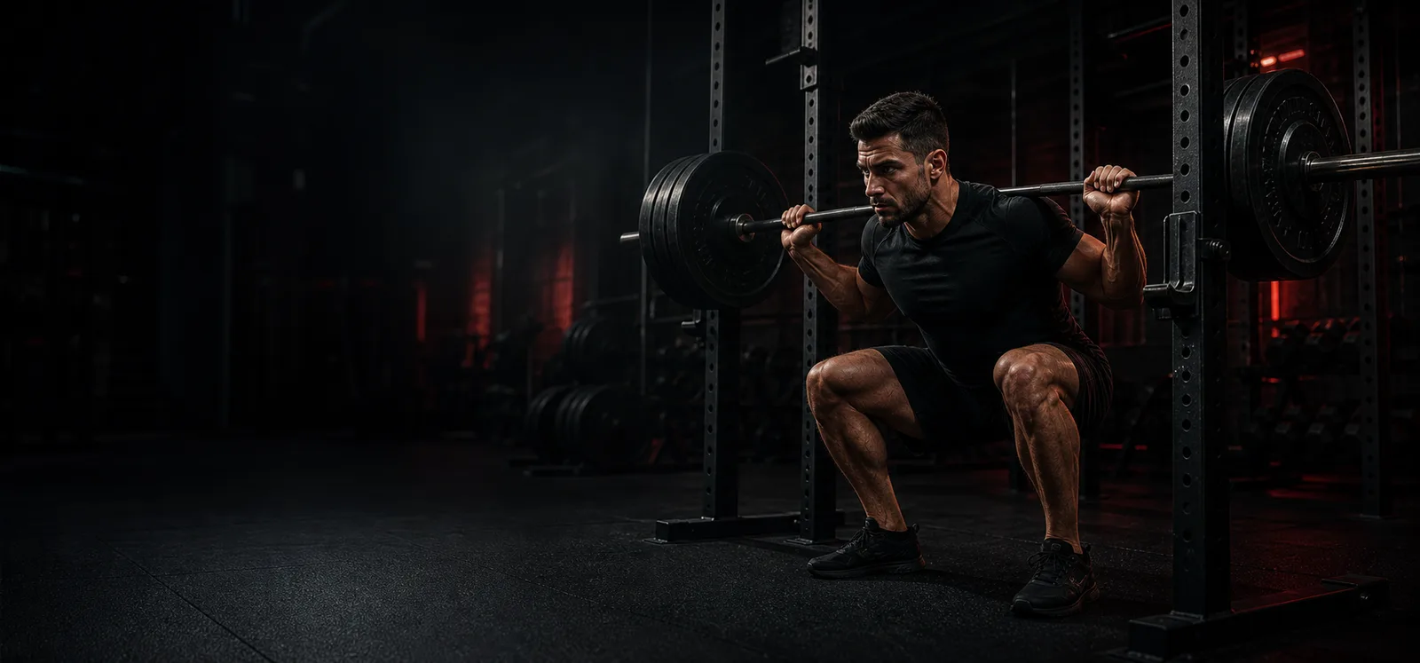 Athlete performing a heavy squat in a black squat rack