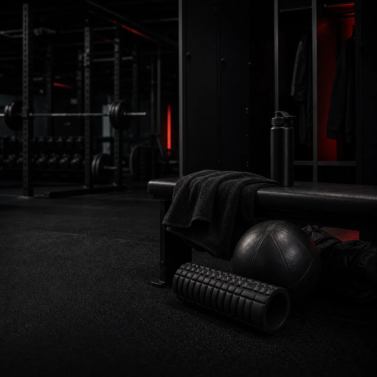 Recovery tools, towel, and bottle arranged inside the Grit Gym facility
