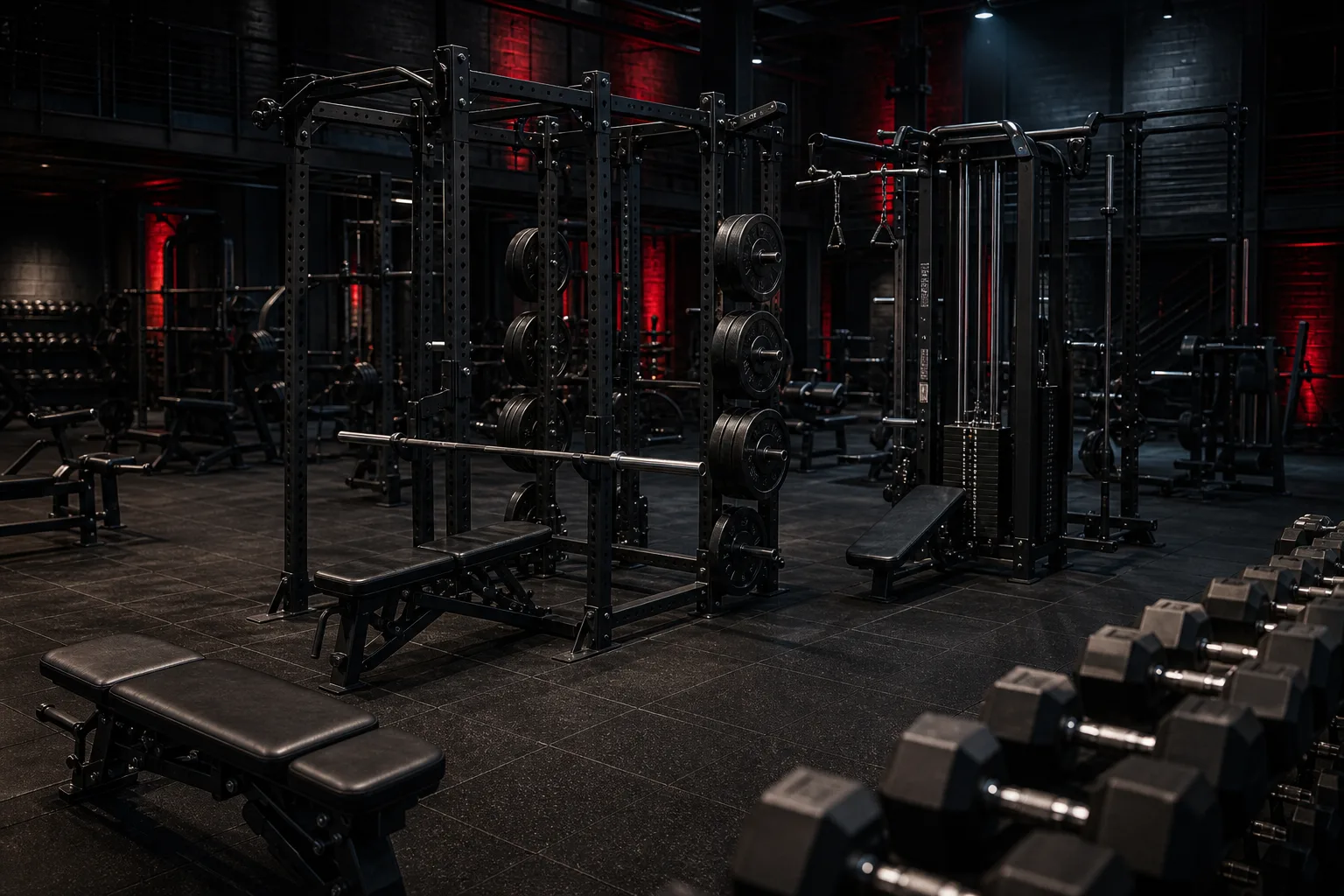 Dark Grit Gym-style training floor with premium black strength equipment