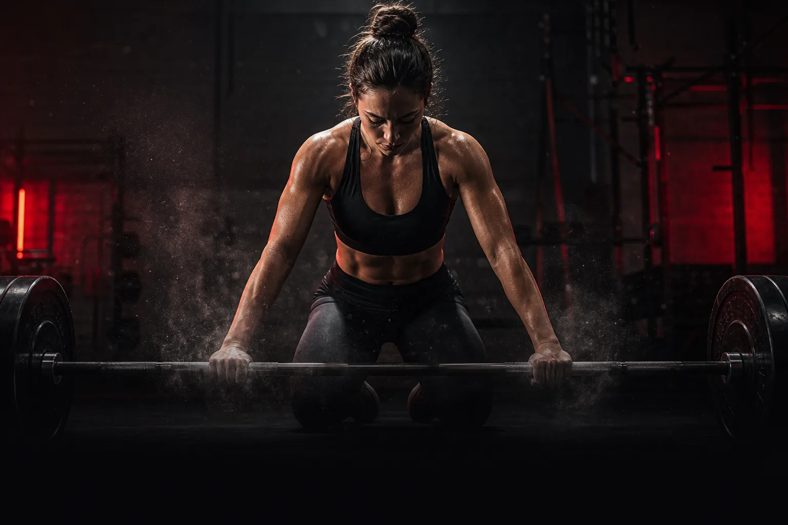 Focused athlete preparing for a heavy barbell lift in a dark Grit-style gym