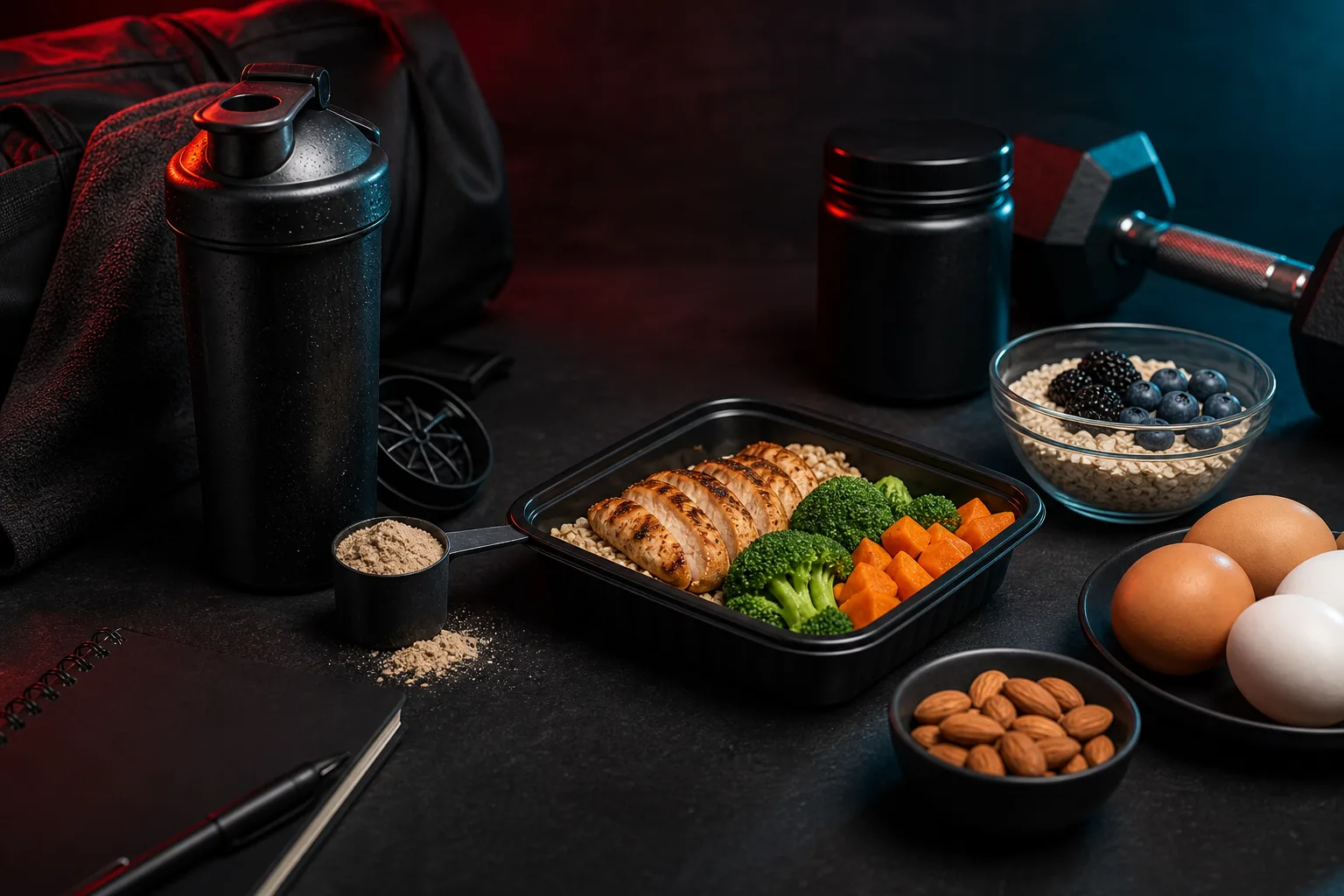 High-protein meal prep and training nutrition arranged on a dark gym surface