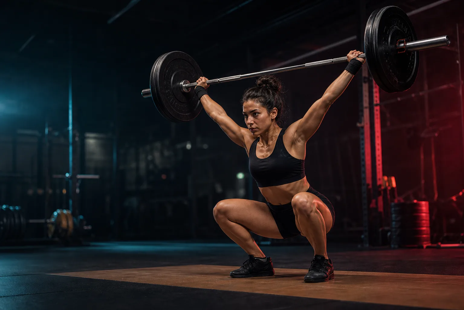 Athlete catching an Olympic snatch on a lifting platform